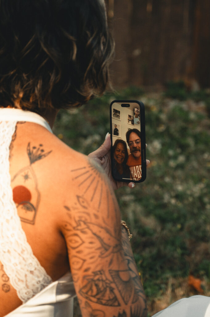 A bride face-timing her parents before her intimate elopement