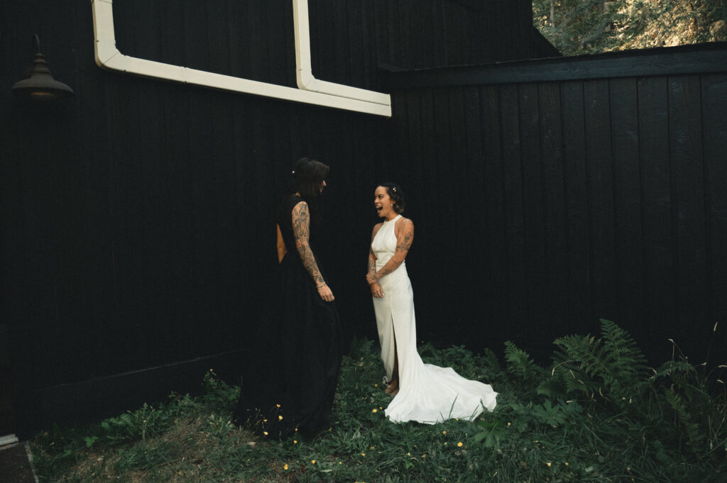 Two brides have their first look before their ceremony