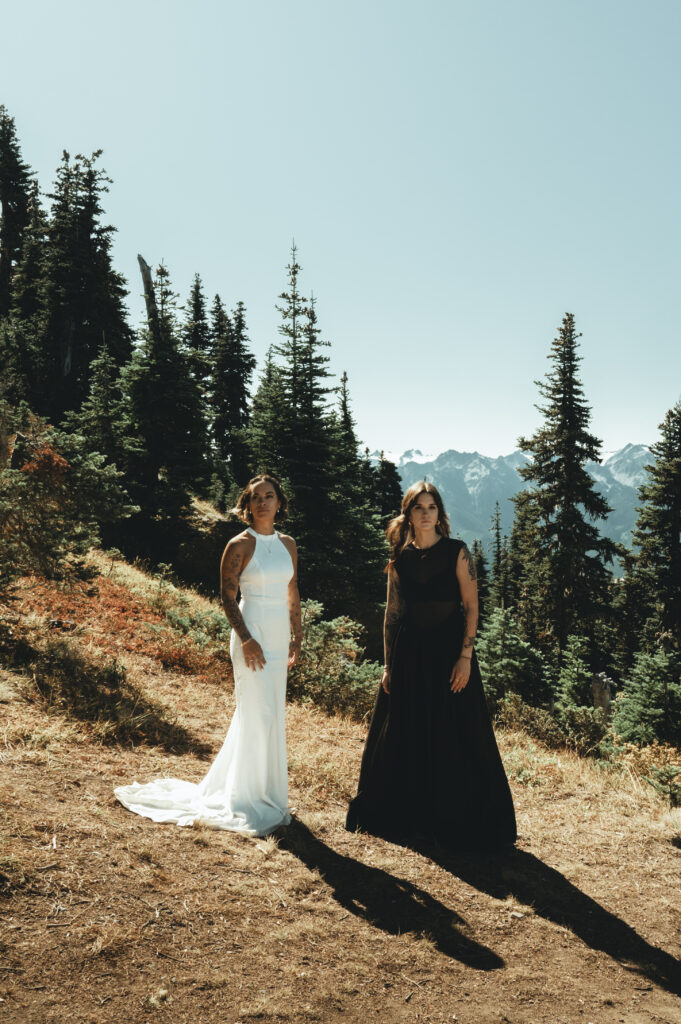 creative portrait of two brides on Hurricane Ridge