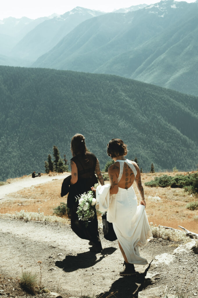Two brides hiking in Olympic national park